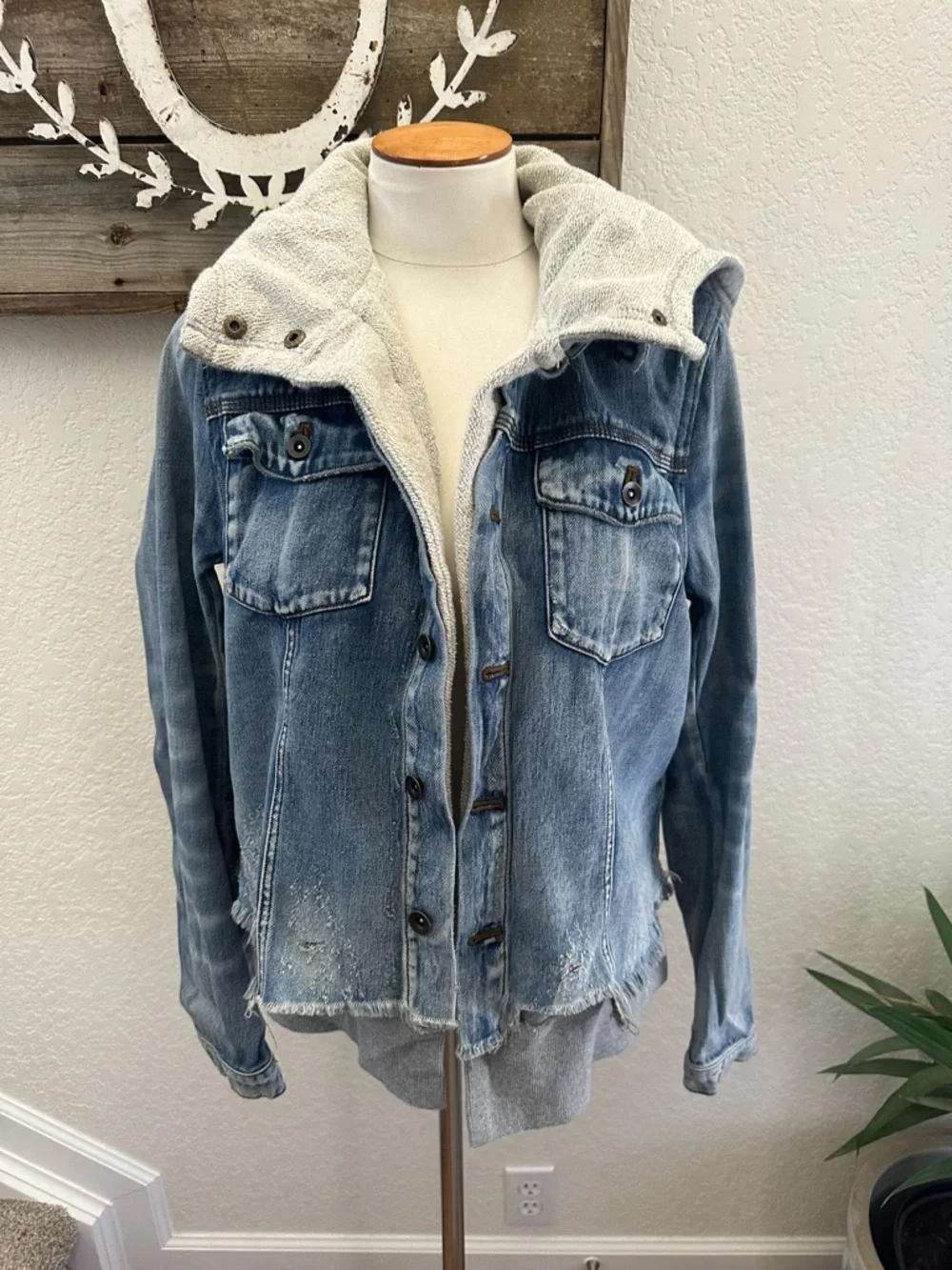 Free People Blue Terry Sweatshirt-Lined Denim Jean Jacket - Women’s size L - Picture 1 of 7